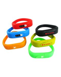 six different coloured USB silicone wristbands branded with logos