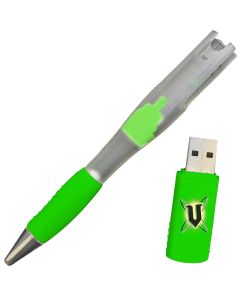 A custom logo USB future pen with a solid green and semi transparent body. The logo on the USB is yellow, black and grey.
