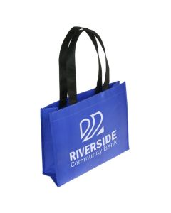 A small custom branded gift tote made from water-resistant material. The bag is blue with a black handle and white print.
