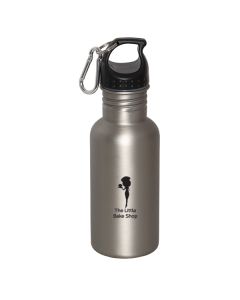 500mL silver matte stainless steel water bottle with black lid a silver carabiner and a black logo