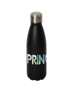 500mL black bottle with silver lid and a full colour logo