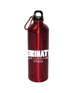 A red 25oz aluminum water bottle with matching carabiner and a white logo
