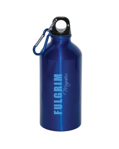 A royal blue 500mL aluminum water bottle with a light blue logo and a blue and silver carabiner