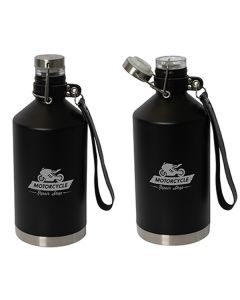 two images of black 1.89L growlers with one showing lid open and both with grey logo