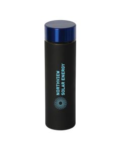500mL black cylinder shaped water bottle with a royal blue lid and a light blue logo