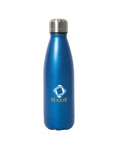 stainless steel water bottle with royal blue matte glitter finish on body and multicoloured logo