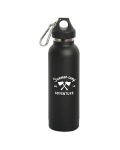 500mL black vacuum insulation bottle with a black lid a silver carabiner and a white logo