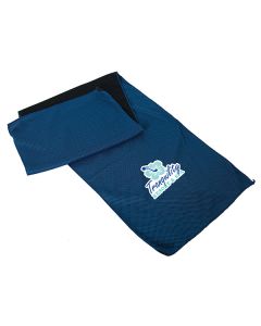 royal blue cooling towel slightly folded with full colour logo