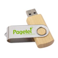 A custom logo bamboo and metal eco-friendly USB drive with a green logo custom printed on it.
