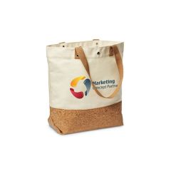 A white custom cotton tote with a cork base. There is a full colour logo on the front of the bag.