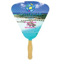 A seashell shaped sandwich fan with a glued wooden handle and a seashell shaped paddle with a full colour logo