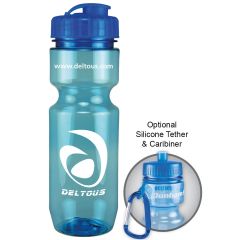 22oz aqua translucent bike bottle with white logo next to example of carabiner use