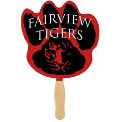 A sandwich fan with a wooden handle and a red and black paw print shaped paddle with white text on it