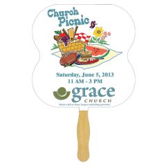 A sandwich hand fan with a wooden handle and a full colour hourglass shaped paddle