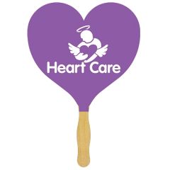 A purple sandwich hand fan with a wooden handle and a white logo on the paddle 