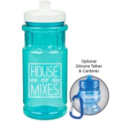 20z translucent aqua water bottle with white lid and logo and example of carabiner use beside it