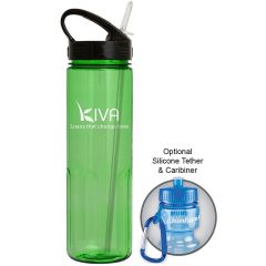 24oz translucent green water bottle with white logo and with black sports sip lid and silver coloured straw next to an example of use with carabiner clip