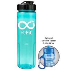 24oz translucent aqua bottle with black flip top lid and white logo with example of carabiner use beside it