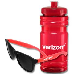 A set of shades with red arms and a white logo on the arm in front of a red 20oz water bottle with a white logo