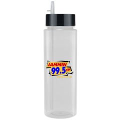 32oz clear with black lid bottle with full colour logo