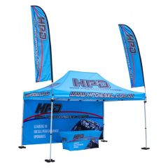 Promotional 10ftx15ft custom tent package with full back wall, one event table cloth and two exhibition feather flags.