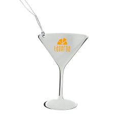 A stainless steel martini glass shaped holiday ornament with w yellow logo on the front