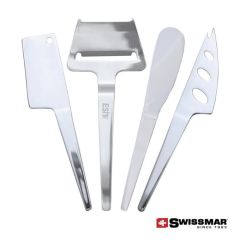 Four slim-line cheese knife utensils that are 1 spreader, 1 cheese cleaver, 1 soft cheese knife, and 1 cheese plane. 