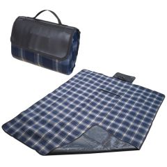 A blue checkered fleece blanket unfolded with the front right corner turned up. Behind the blanket is the same item folded into it's carry position with a debossed logo on the front
