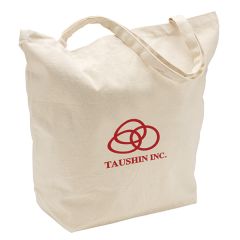 A natural coloured carry all canvas tote. The custom printed bag has a red logo on the front.