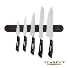 5 knives with a laser engraved logo on the magnetic strip they are attached to