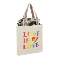 A branded cotton convention tote made from recycled materials. It has a rainbow handle, full colour logo and is filled with items.