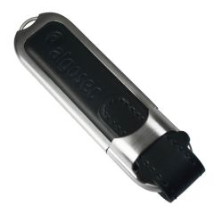 A custom logo black leather and silver metal USB. There is debossed branding on the leather.