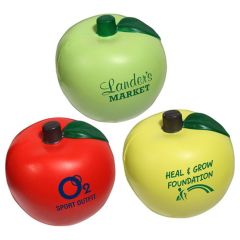 Two red coloured apple shaped stress relievers with the one at the front showing a blue logo on the side and the one at the back showing the reverse side unprinted