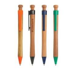 five bamboo pens with different coloured clips and accents with the center pen turned to show an engraved logo 