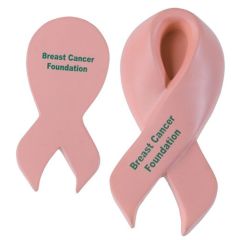 Two images of the a pink ribbon shaped stress reliever, one of the front of the item and one of the back. Both images have green logos on them