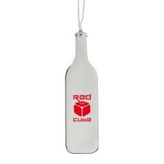 A stainless steel bottle shaped holiday ornament with a red logo on the front
