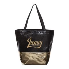 A black and gold Camden custom printed tote. The bag has a metallic finish and gold print.
