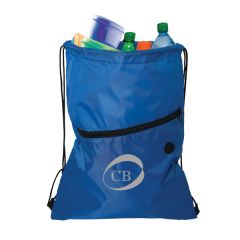 royal blue insulated drawstring cooler with grey logo open to show contents inside