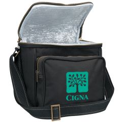 black with brown stitching polyester cooler bag in the open position with green logo on the front