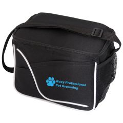 black small cooler bag with white accent and blue logo