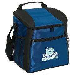 A blue with black accents cooler bag with full colour logo