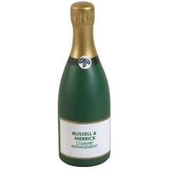 A champagne shaped stress reliever with a green logo on the front 