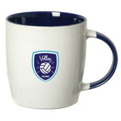 350mL white stoneware mug with cobalt blue interior and handle and a blue logo