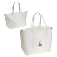 A custom printed boat tote made from RPET material. The bag is white with a full colour logo.