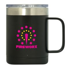 black with silver accents travel mug with a pink and yellow logo