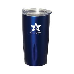 a royal blue metal 600mL travel tumbler with a clear lid and a white logo
