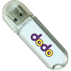 A custom printed plastic, pill-shaped USB drive. The body is silver with rounded edges and has a purple and yellow logo.