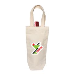 natural coloured cotton wine bag with full colour logo and bottle inside