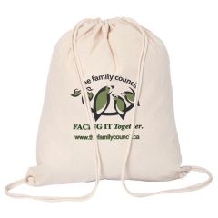 natural cotton drawstring bag with green and black logo