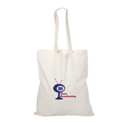 natural coloured cotton tote with blue and red logo